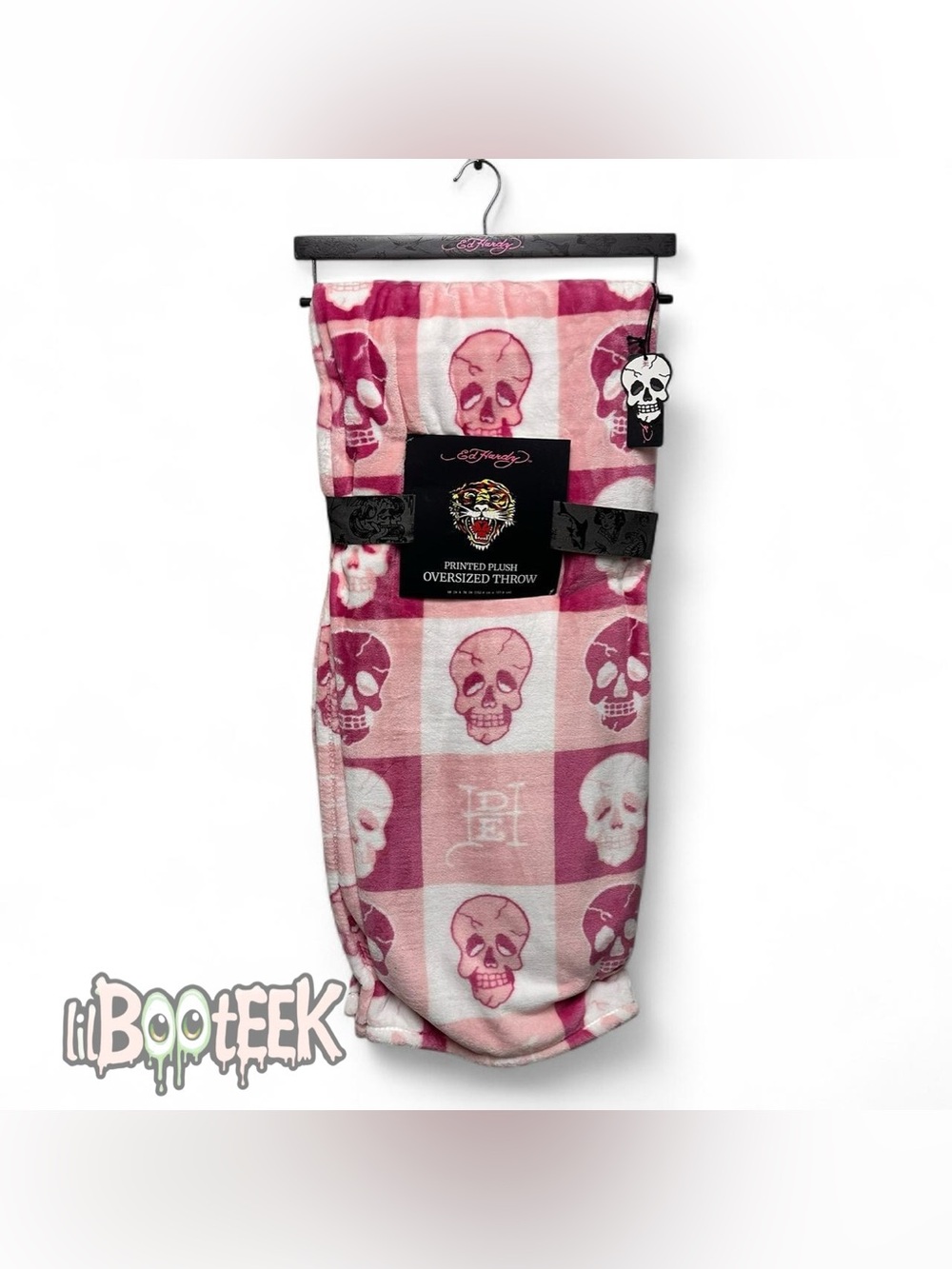 Ed Hardy Pink White Skull Checker Board Oversized Plush Throw NWT RARE Y2K